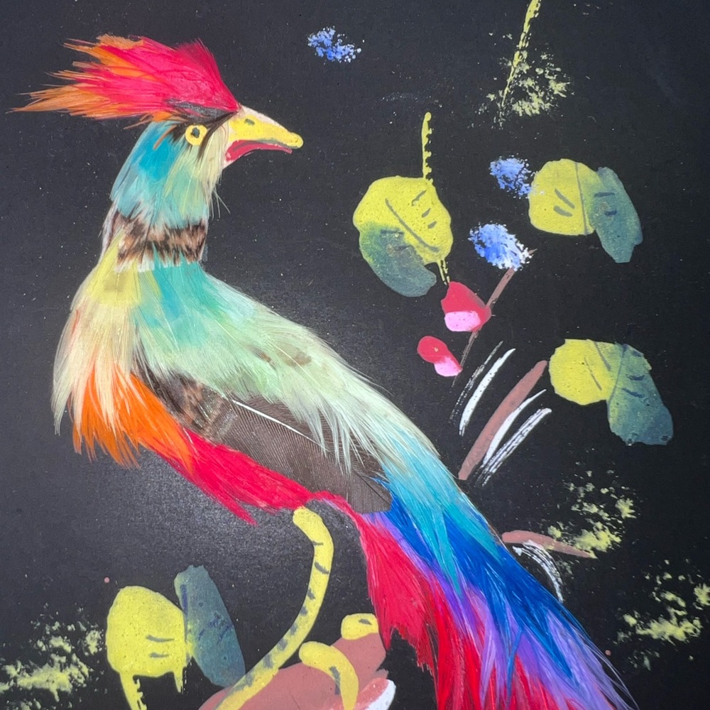 Vintage Hand Painted Mexican Feather Bird Artwork - Picture 2 of 4